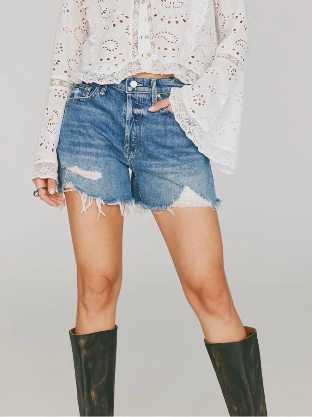 MOTHER Raw Hem Distressed Denim Shorts - Blue